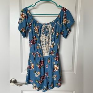 Aqua Floral Print Romper Cottagecore Off-the-Shoulder